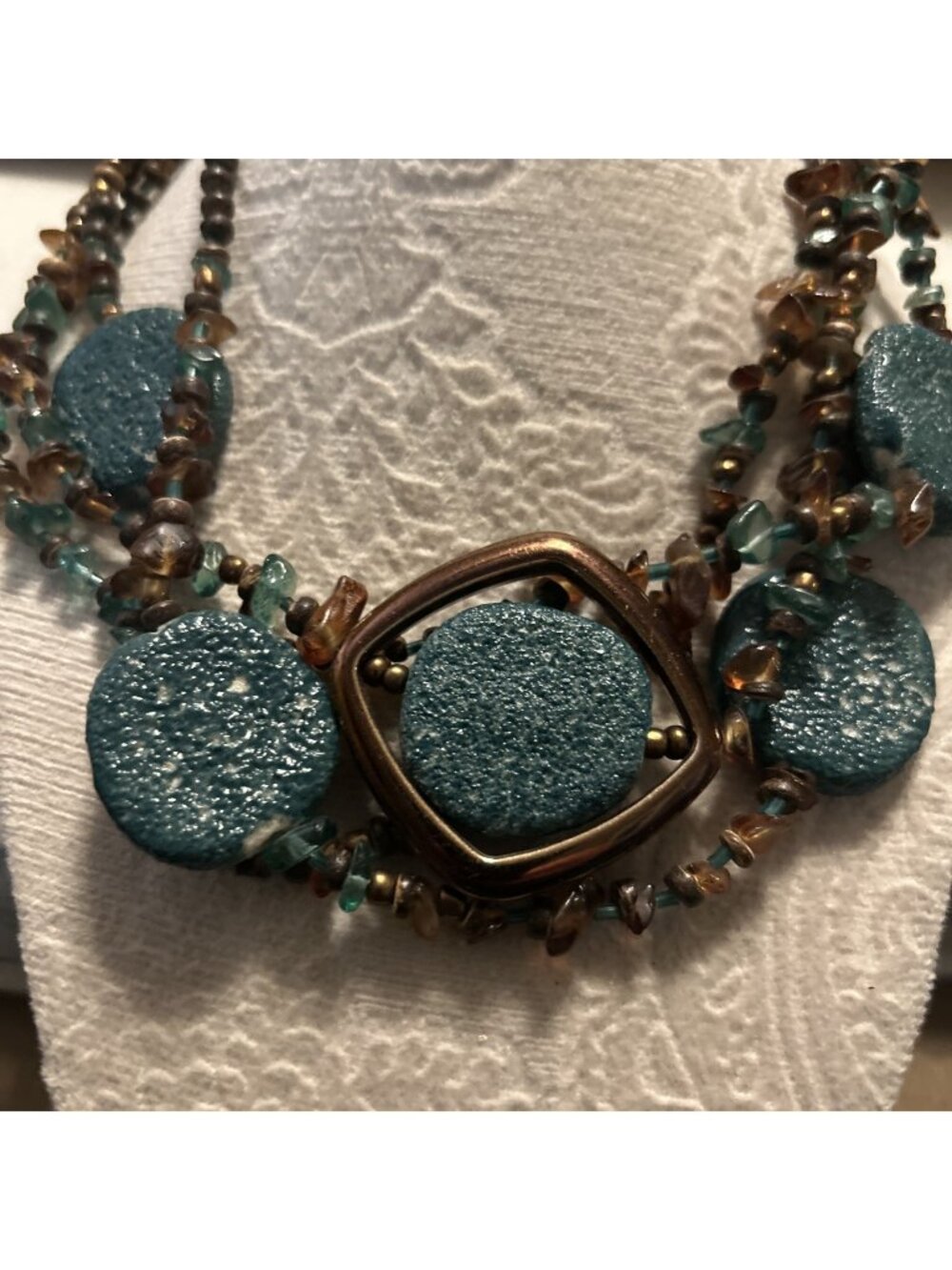 Vintage Premier Designs Boho Multi Strand Teal Copper Bead Statement Necklace